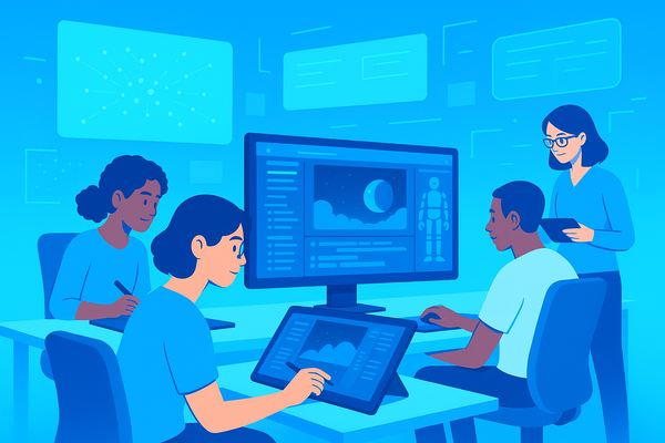 A team of developers working collaboratively in an office